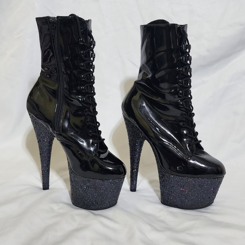 Black Glitter Platform Pleaser Ankle Lace Up Boots Size 8